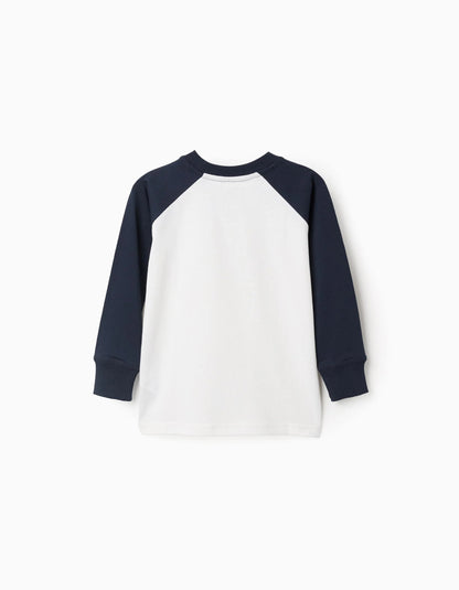 Long Sleeve Cotton T-shirt for Boys, White/Dark Blue