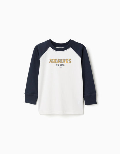 Long Sleeve Cotton T-shirt for Boys, White/Dark Blue
