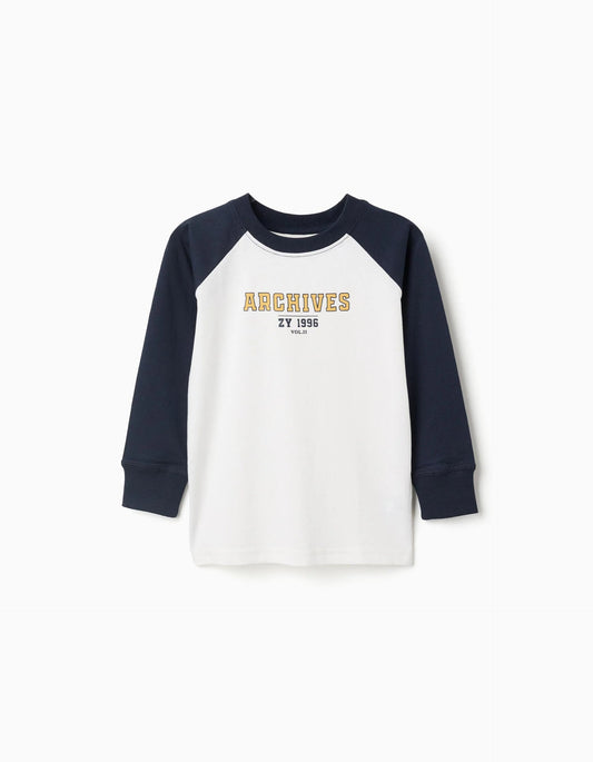 Long Sleeve Cotton T-shirt for Boys, White/Dark Blue