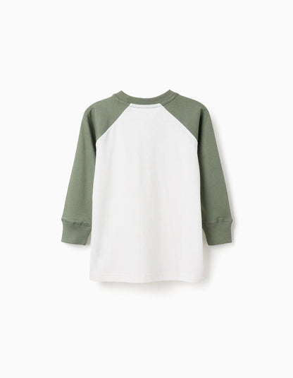 Long Sleeve Cotton T-shirt for Boys, White/Green