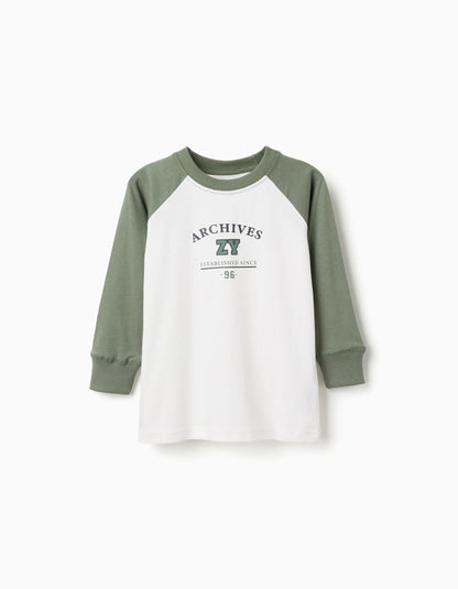 Long Sleeve Cotton T-shirt for Boys, White/Green