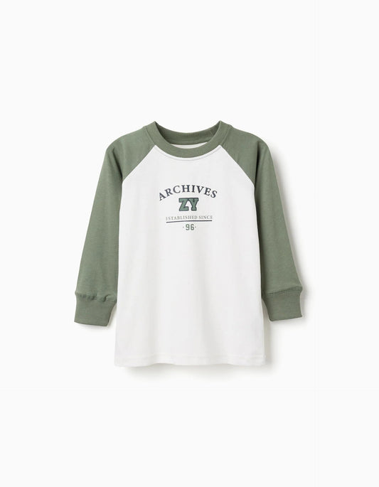 Long Sleeve Cotton T-shirt for Boys, White/Green