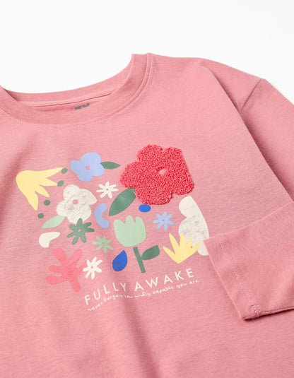 Long sleeve cotton T-shirt with 'Fully Awake' print for girls, pink