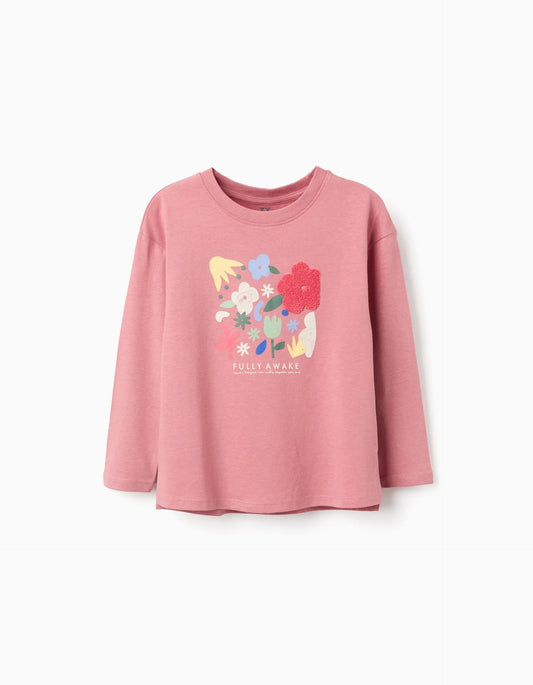 Long sleeve cotton T-shirt with 'Fully Awake' print for girls, pink