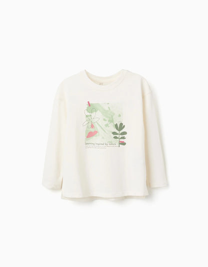 Long sleeve cotton T-shirt with 'Nature' print for girls, white