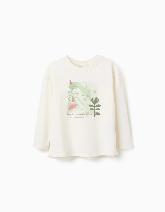 Long sleeve cotton T-shirt with 'Nature' print for girls, white