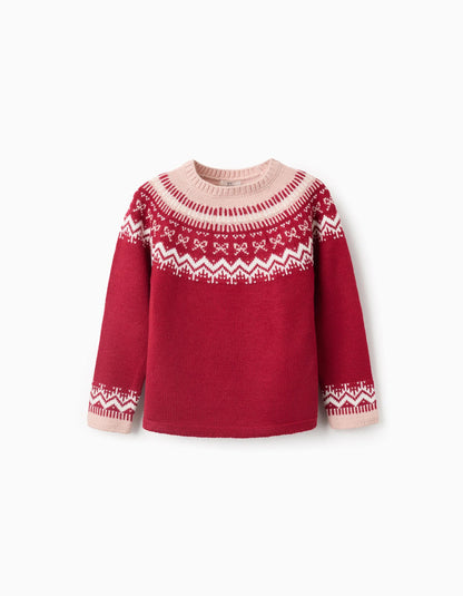 Jacquard Knitted Jumper for Girls, Red/Pink