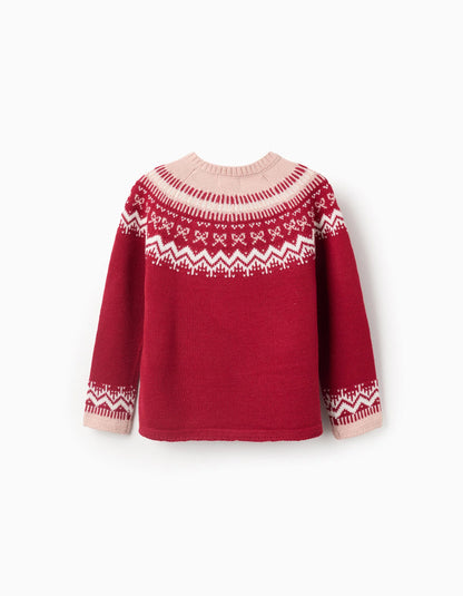 Jacquard Knitted Jumper for Girls, Red/Pink