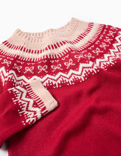 Jacquard Knitted Jumper for Girls, Red/Pink