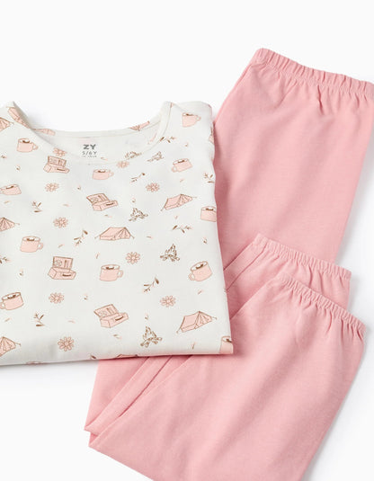Cotton Jersey Pyjama for Girls 'Camping', White/Pink