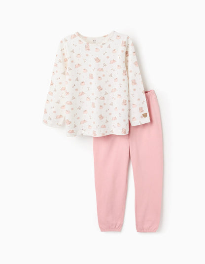 Cotton Jersey Pyjama for Girls 'Camping', White/Pink