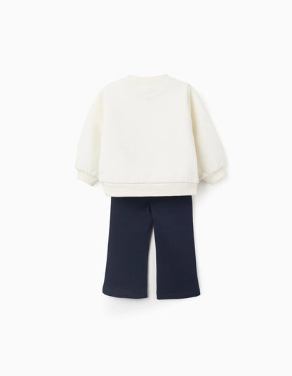 Brushed Set of Sweatshirt + Leggings for Baby Girl, White/Dark Blue