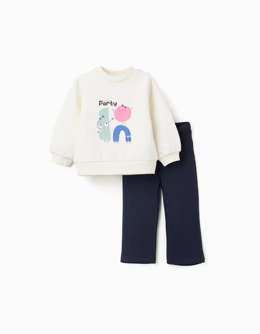 Brushed Set of Sweatshirt + Leggings for Baby Girl, White/Dark Blue