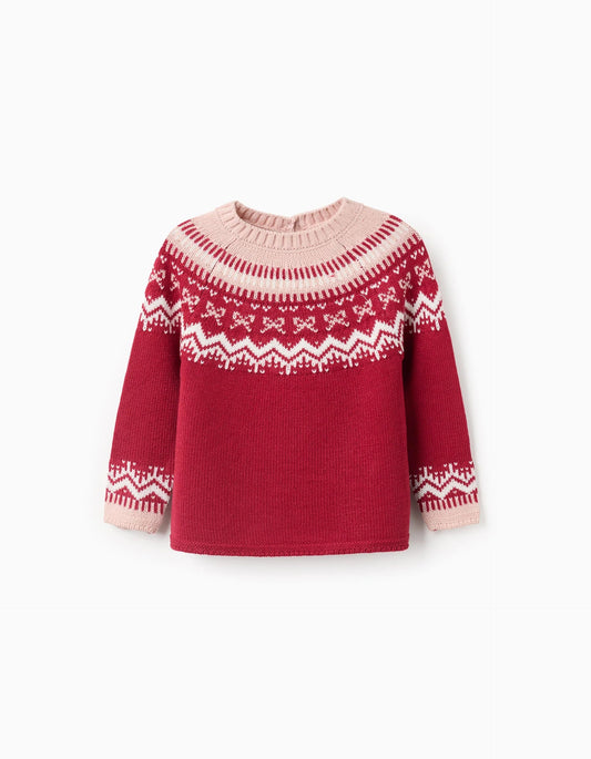 Jacquard Knitted Jumper for Baby Girls, Red/Pink