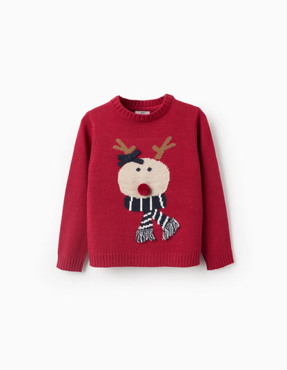 Jacquard Knitted Jumper for Girls, Dark Red