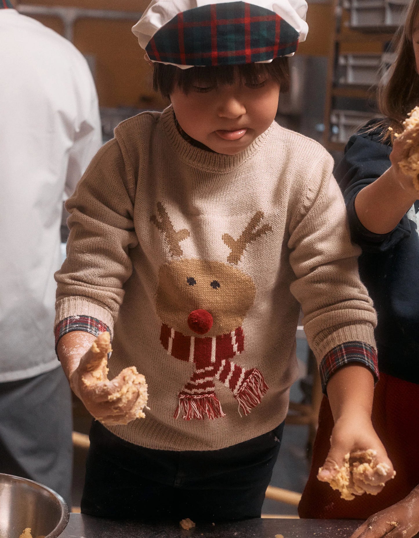 Christmas Reindeer Jacquard Knitted Jumper with Pompom for Boys, Beige