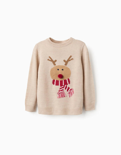 Christmas Reindeer Jacquard Knitted Jumper with Pompom for Boys, Beige
