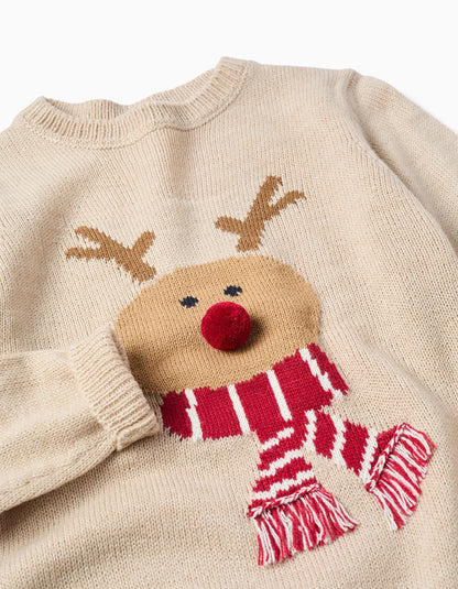 Christmas Reindeer Jacquard Knitted Jumper with Pompom for Boys, Beige