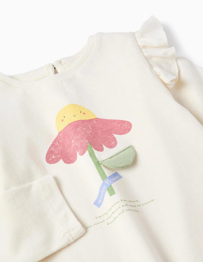 Long Sleeve Cotton T-shirt with Pattern for Baby Girls, White