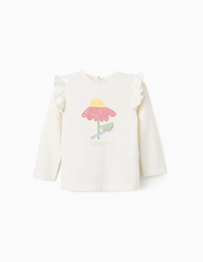 Long Sleeve Cotton T-shirt with Pattern for Baby Girls, White