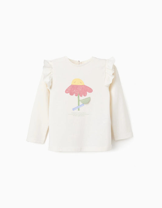 Long Sleeve Cotton T-shirt with Pattern for Baby Girls, White