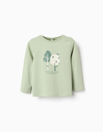 Long sleeve cotton T-shirt with print 'woodland' for baby girls, green