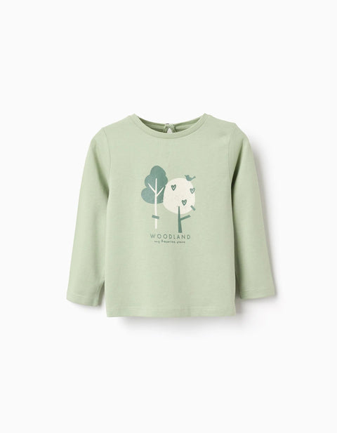 Long sleeve cotton T-shirt with print 'woodland' for baby girls, green