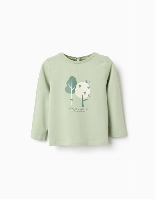 Long sleeve cotton T-shirt with print 'woodland' for baby girls, green