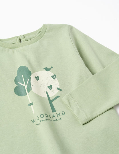 Long sleeve cotton T-shirt with print 'woodland' for baby girls, green