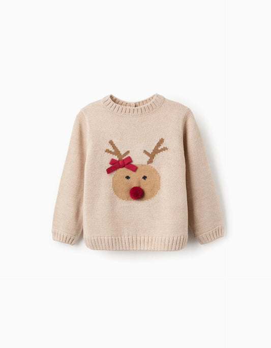 Jacquard Knitted Jumper for Baby Girls 'Reindeer', Beige