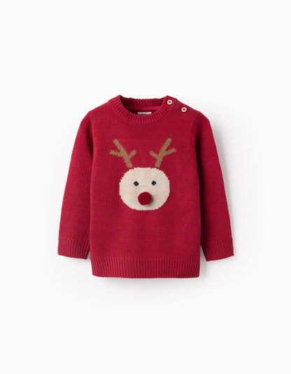 Knitted Jumper with Jacquard Reindeer for Baby Boys, Red