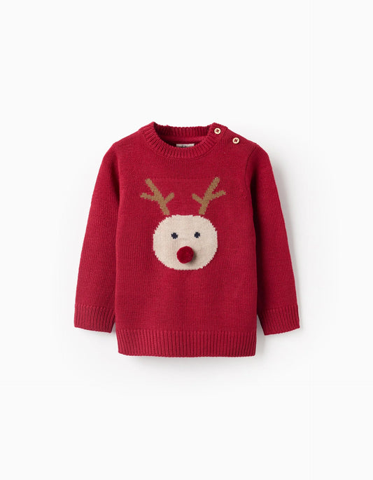 Knitted Jumper with Jacquard Reindeer for Baby Boys, Red