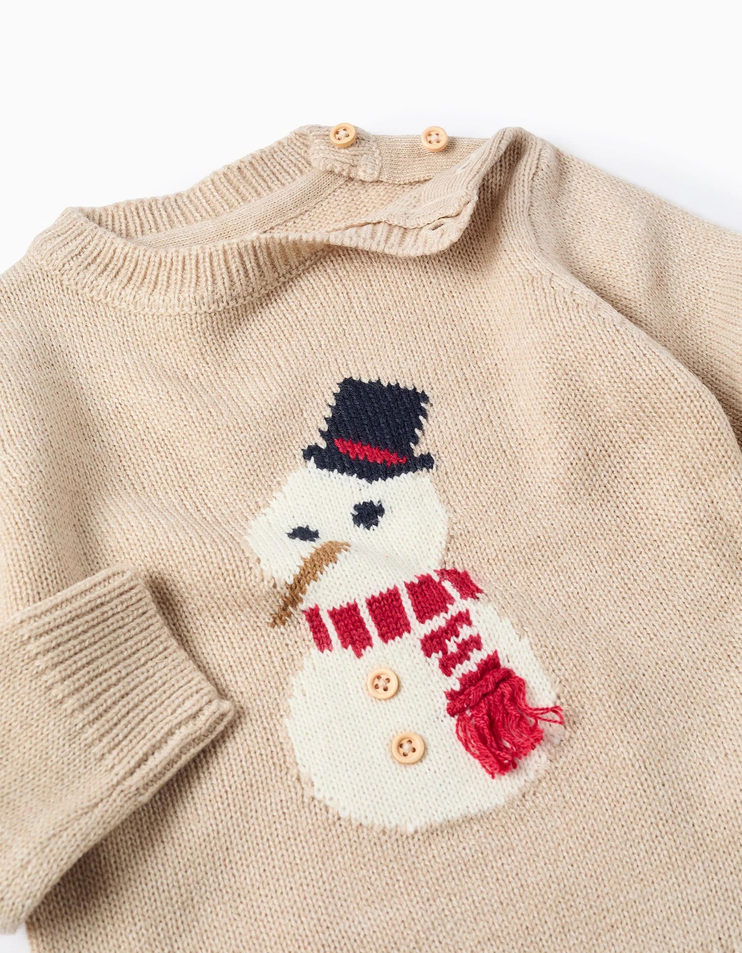 Knitted Jumper with Jacquard Snowman for Baby Boys, Beige