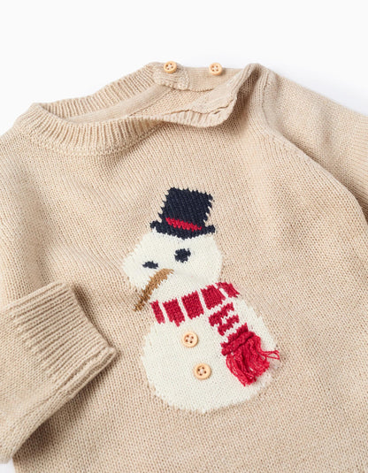 Knitted Jumper with Jacquard Snowman for Baby Boys, Beige