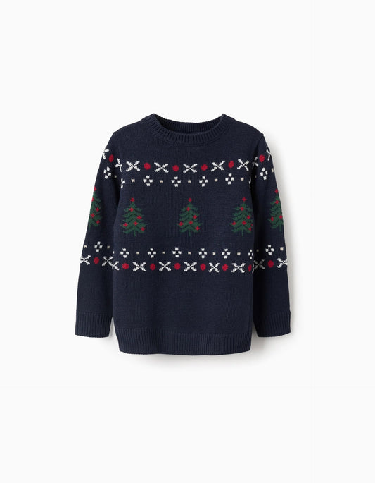 Christmas Tree Jacquard Knitted Jumper for Boys, Blue