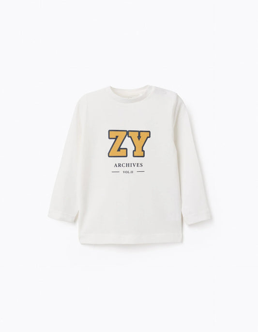 Long Sleeve Cotton T-shirt 'ZY' for Baby Boys, White