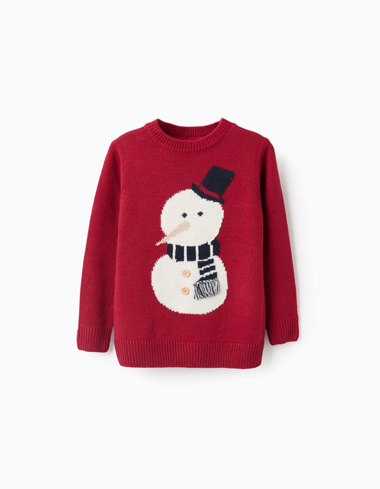 Christmas Snowman Jacquard Knitted Jumper for Boys, Red