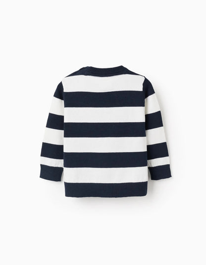 Fine Knit Striped Sweater for Baby Boys, White/Dark Blue