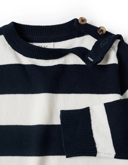 Fine Knit Striped Sweater for Baby Boys, White/Dark Blue