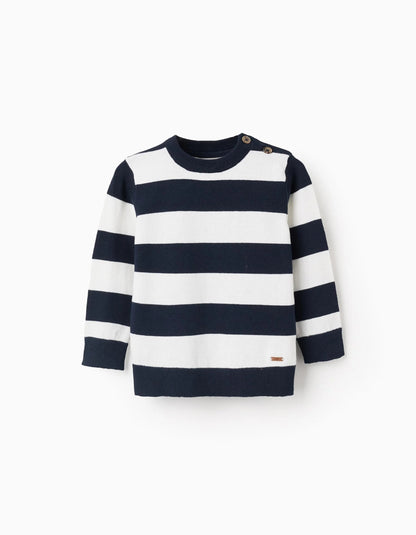 Fine Knit Striped Sweater for Baby Boys, White/Dark Blue