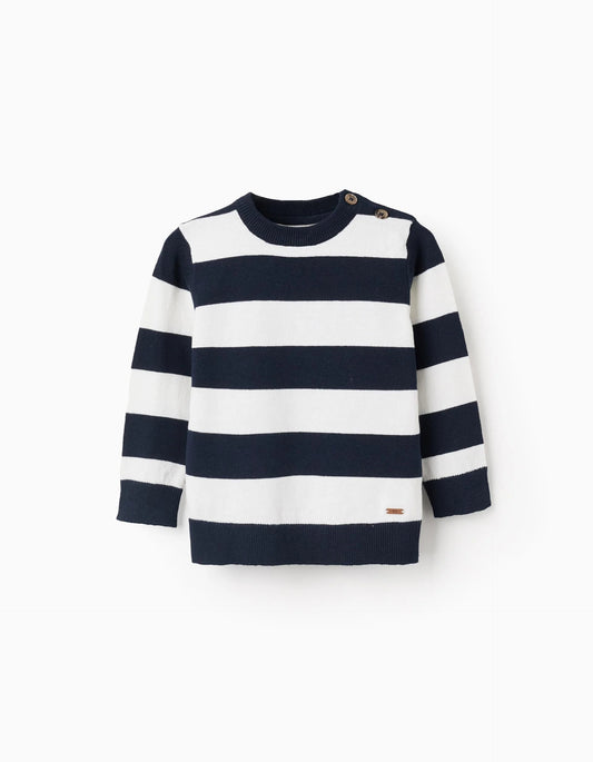 Fine Knit Striped Sweater for Baby Boys, White/Dark Blue
