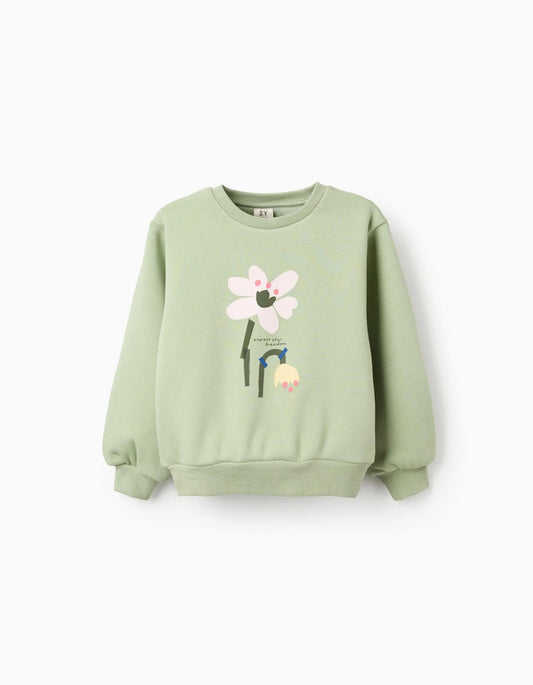 Brushed sweatshirt with flower print for girls, light green