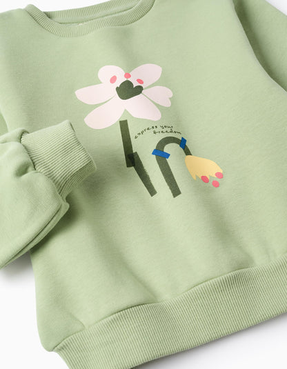 Brushed sweatshirt with flower print for girls, light green