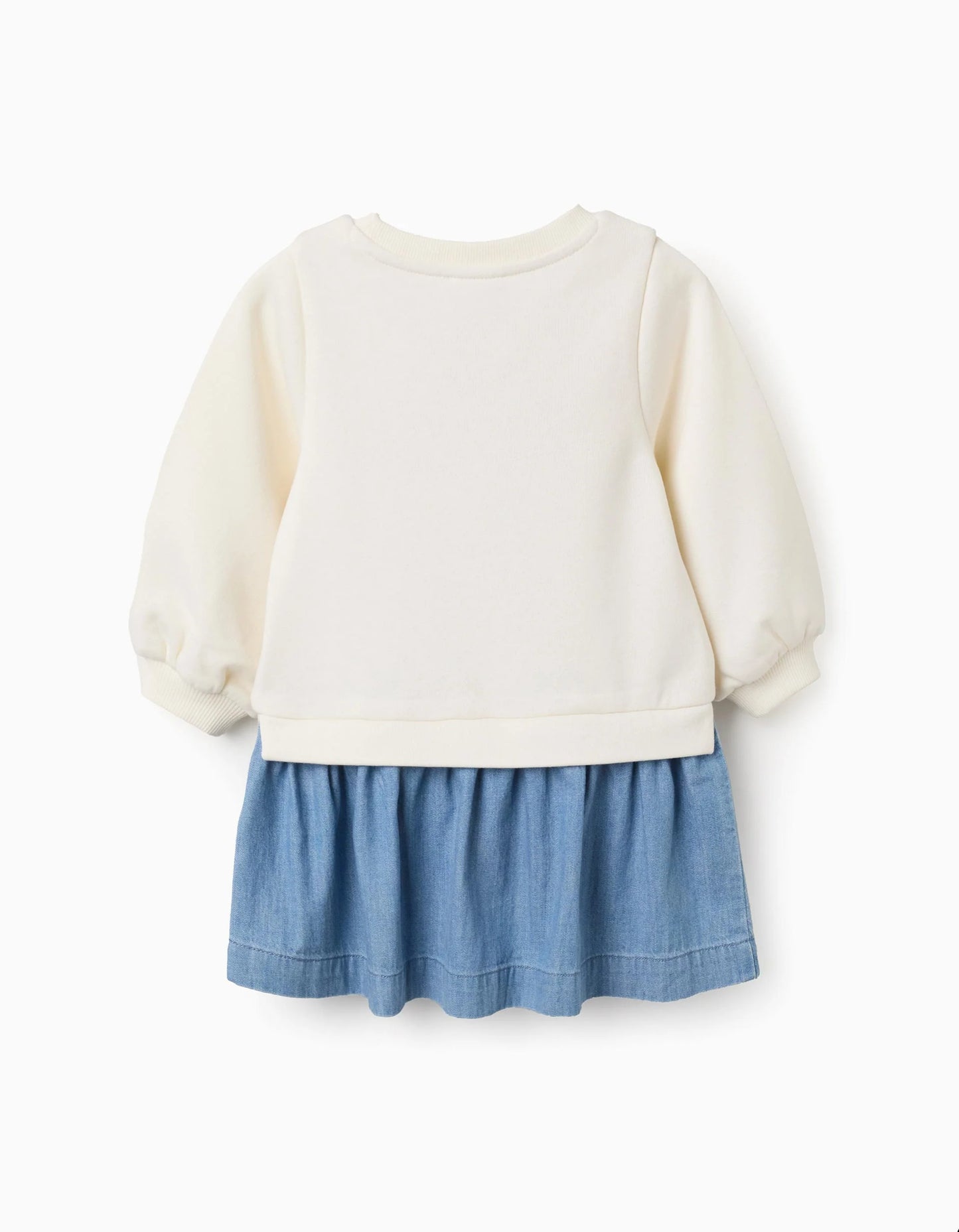 Dual-fabric Dress with Pom Poms for Baby Girls, White/Blue