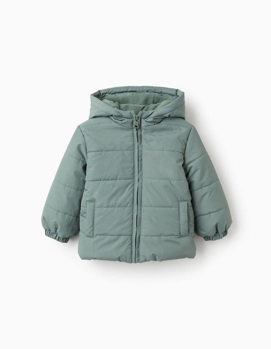 Padded Jacket with Hood and Polar Lining for Baby Boys, Aqua Green