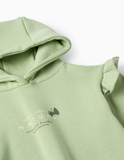 Brushed hooded dress with ruffles and print for girls, light green