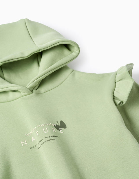 Brushed hooded dress with ruffles and print for girls, light green