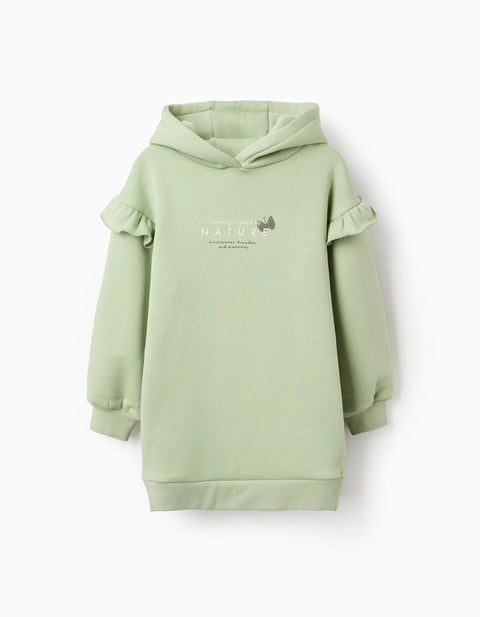 Brushed hooded dress with ruffles and print for girls, light green