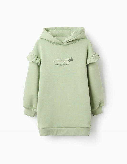 Brushed hooded dress with ruffles and print for girls, light green