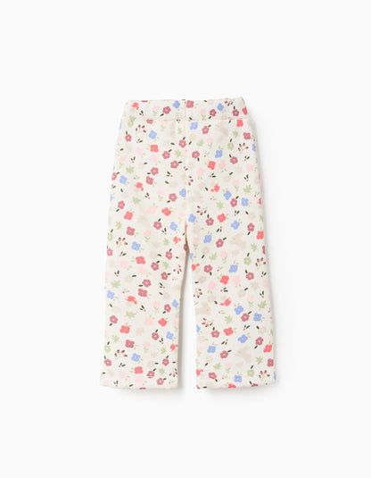 Brushed flared leggings with floral motif for baby girls, white